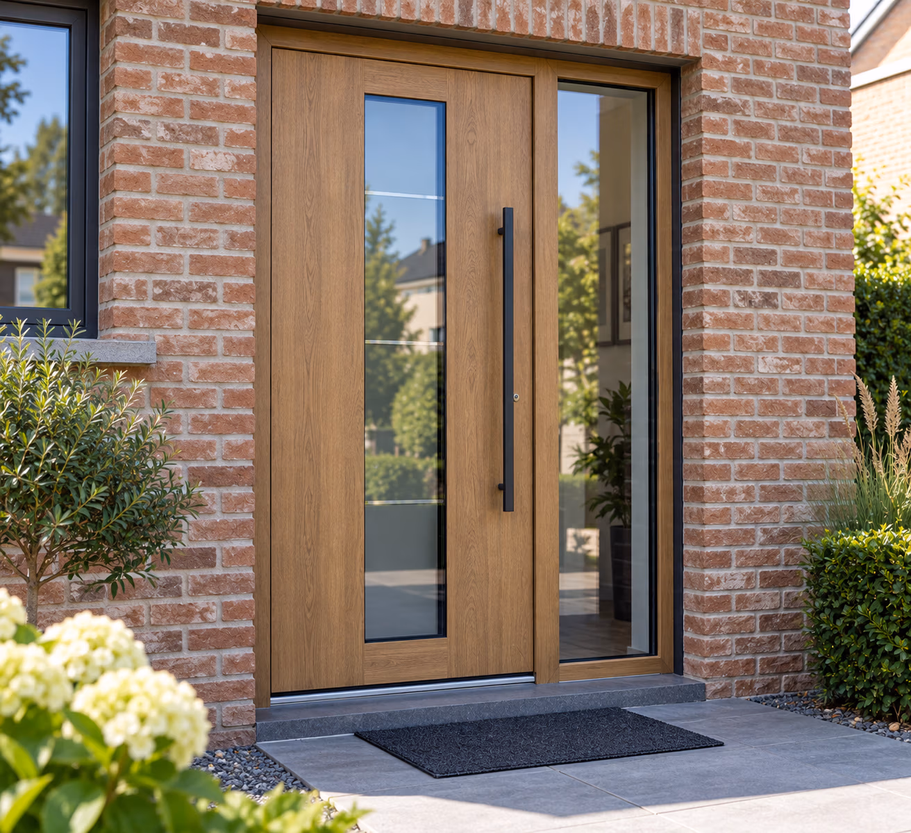 PVC voordeur in houtlook met verticale glaspartij en zijlicht