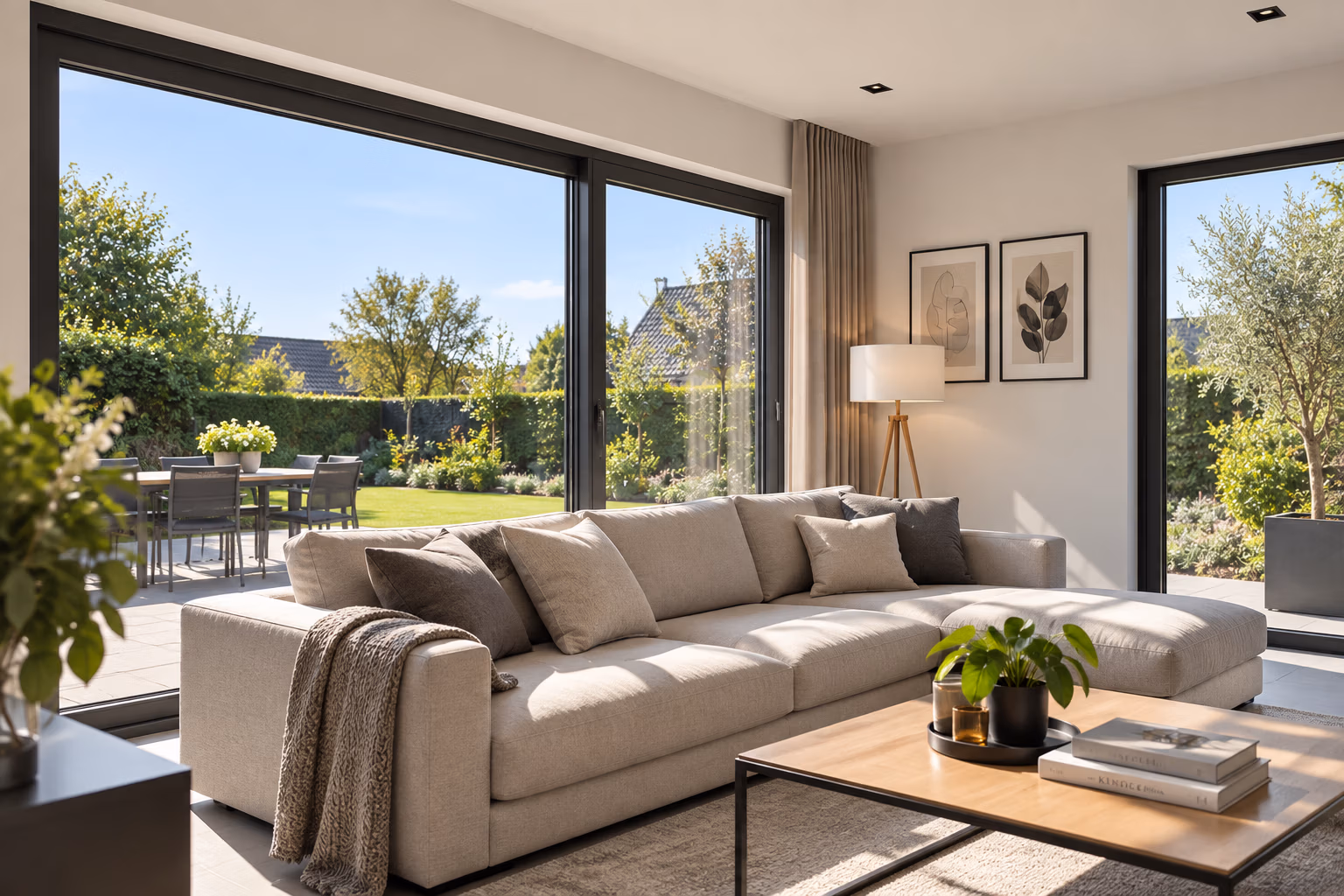 Moderne woonkamer met grote antraciet PVC ramen en zicht op de tuin