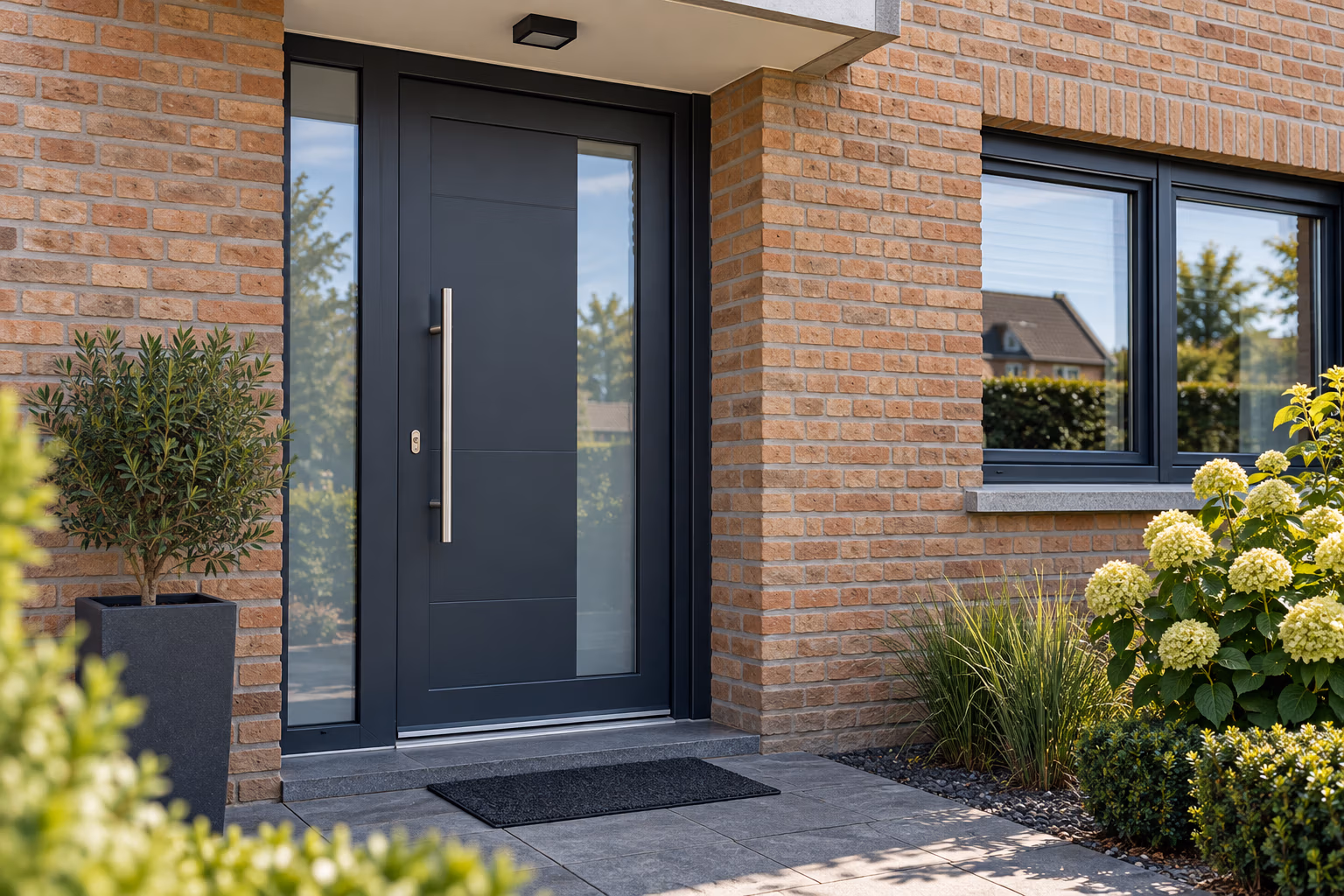 Nieuwe antraciet PVC voordeur bij renovatie van een bakstenen woning